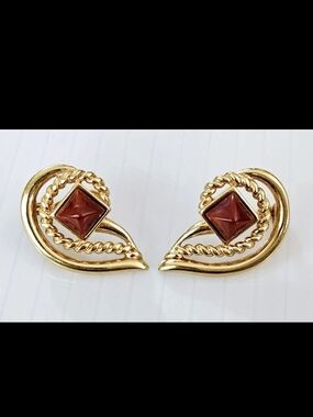 Vintage Monet Gold Tone Clip-On Earrings Red Lucite Stone Mid-Century Estate